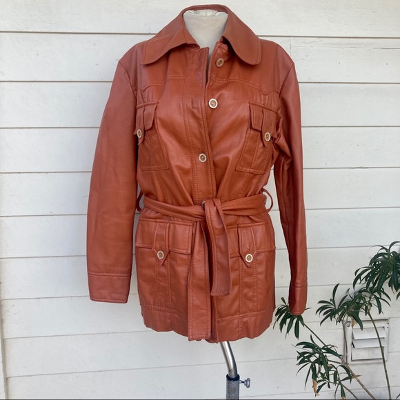Vintage Jackets & Blazers - Vintage 70s 60s Pacific Trail Jaquette Orange Jacket Faux Leather Vinyl Trench